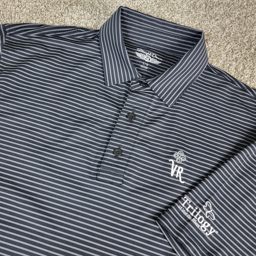 Straight‎ Down Mens Large Black Gray Striped Performance Stretch Polo SS